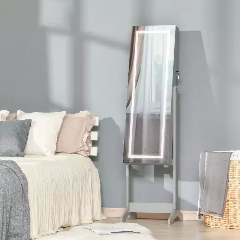 HOMCOM Floor Standing Jewelry Cabinet with LED Light, Lockable Jewelry Organizer with Full-Length Mirror, and 4 Adjustable Angles
