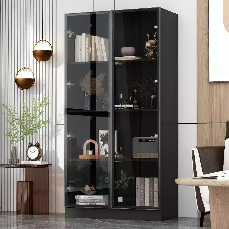 Famapy Display Cabinet All Multipurpose Storage Bookcase with Glass Doors and Shelves Buffet LED Light