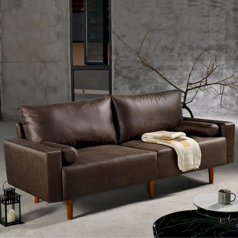 Mid-Century Modern Upholstered Sofa Couch with Rolled Pillows