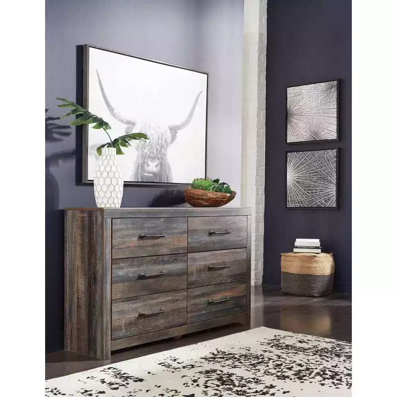 6-Drawer Dresser, Rustic Industrial Style with Replicated Wood Grain, Dark Metal Hardware