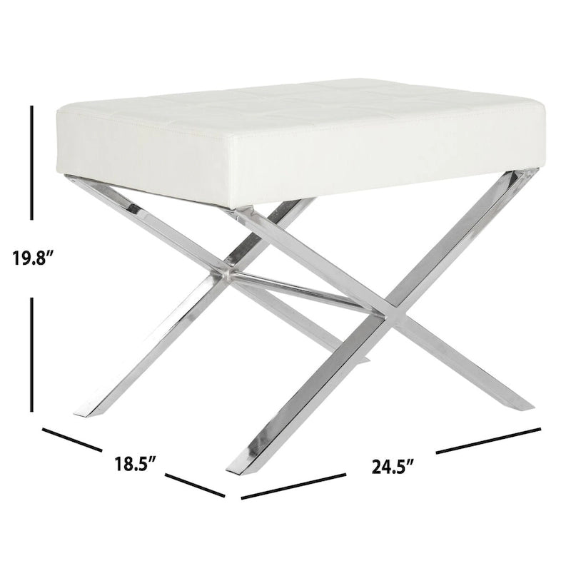 Modern Tufted Leather Ottoman with X-Frame Chrome Base