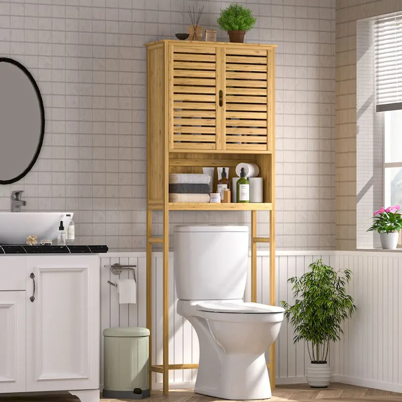 Bamboo Over-the-Toilet Storage Cabinet with Adjustable Shelf & Double Doors