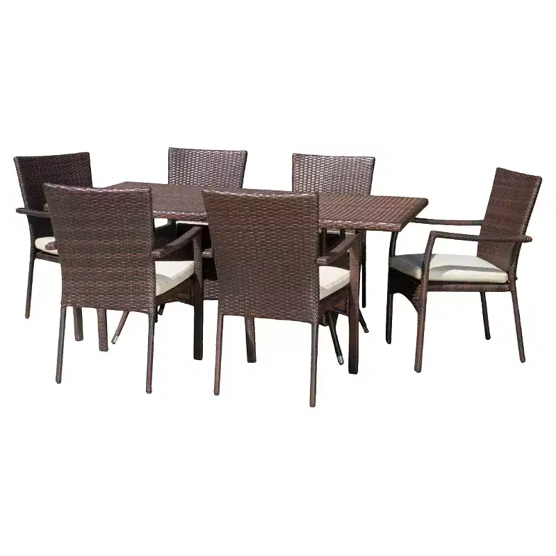 Thompson 7pc Wicker Patio Dining Set with Cushions - Brown - Christopher Knight Home: Weather-Resistant, 6 Arm Chairs, Galvanized Steel Hardware