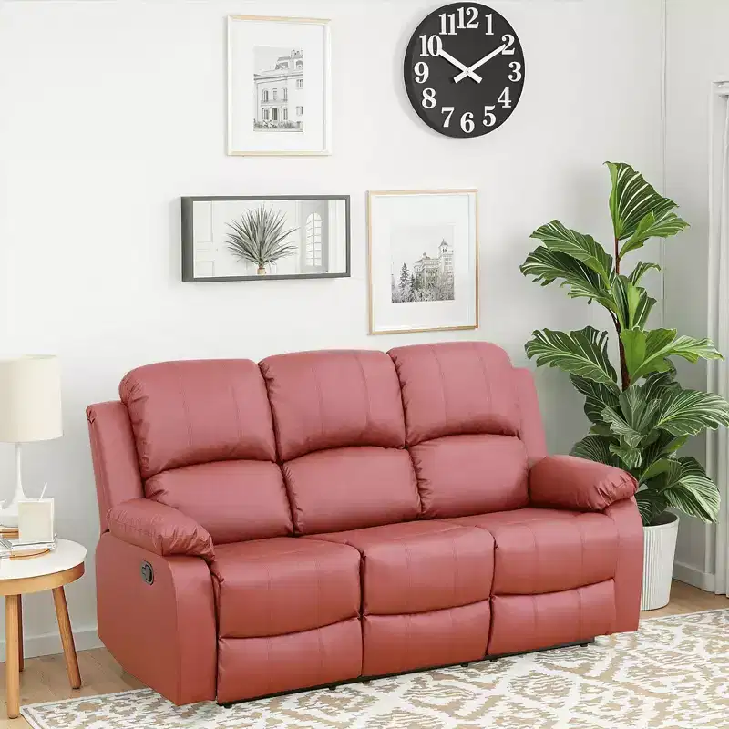 Electric 3-Seat Power Reclining Sofa with Reversible Coffee Table, Leather Upholstery, Red