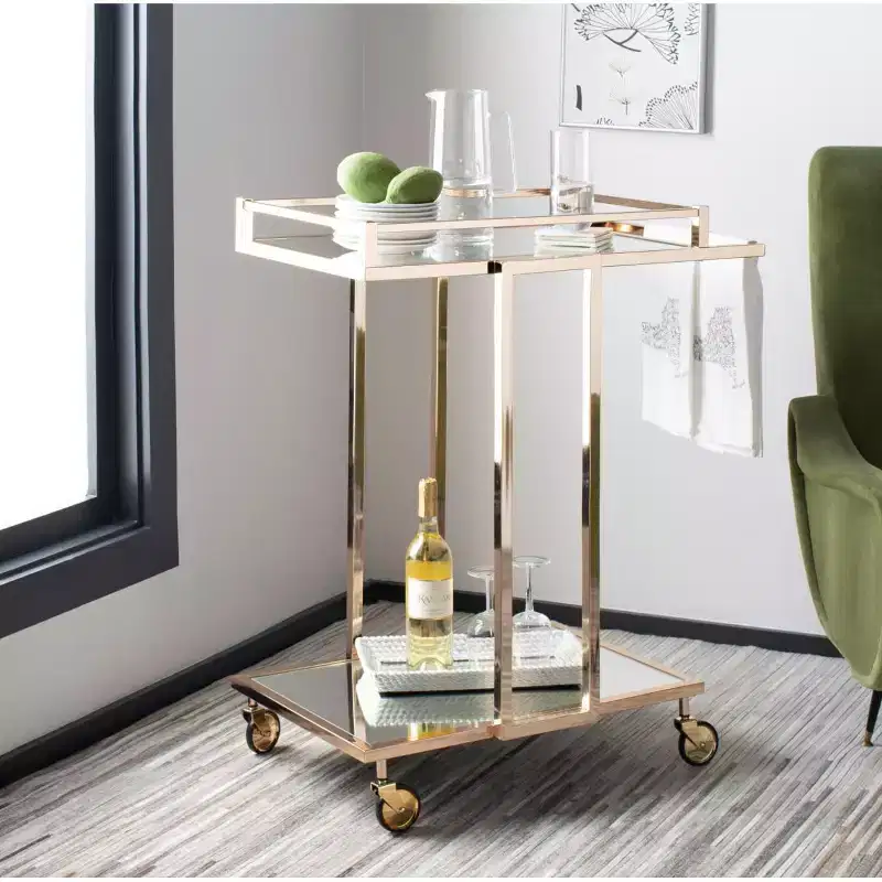Capri 2 Tier Rectangle Bar Cart - BCT8003A - Gold/Mirror - Safavieh