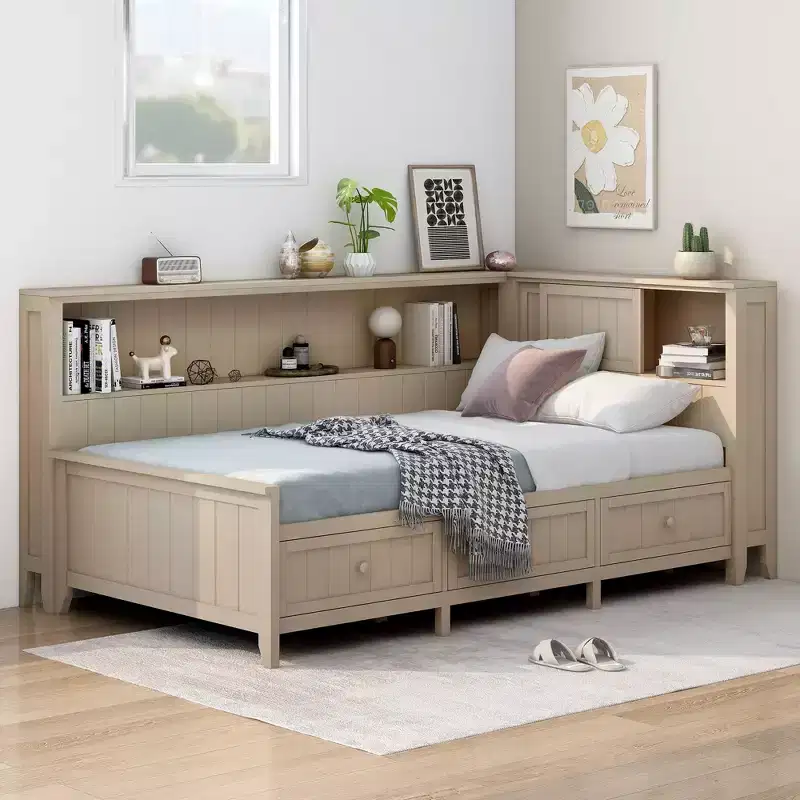 Wood Daybed with Storage Shelves and 3 Drawers