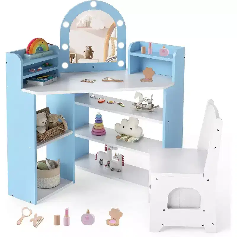 '-2 in 1 Corner Kids Vanity with Lights Open Storage Shelves Set Lighted Mirror