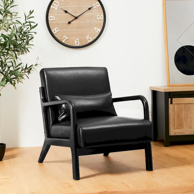 Glitzhome 30.75H Mid-Century Modern PU Leather Armchair Accent Chair with Pillow - 25.75W x 33.75D x 30.75H