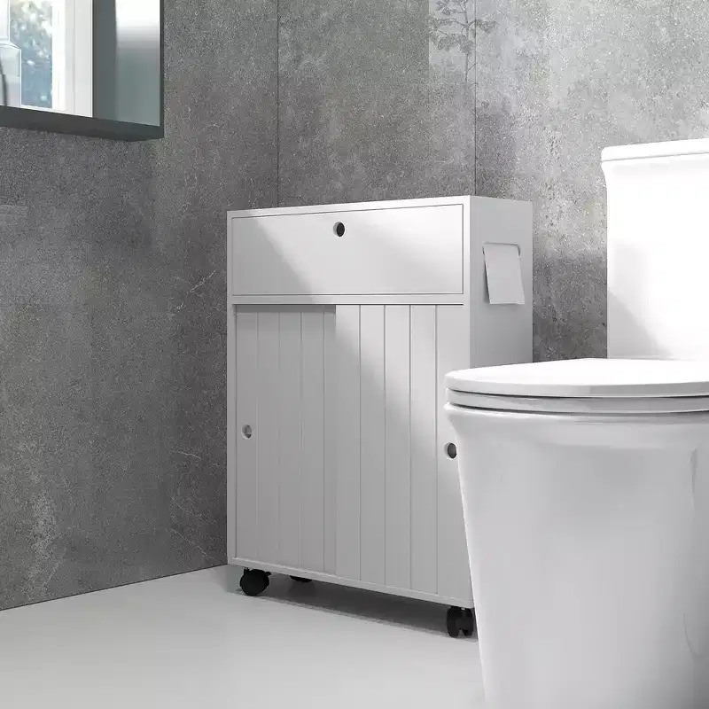 Small Bathroom Storage Cabinet on Wheels, Slim Toilet Paper Cabinet with 2 Holes, Sliding Doors and Adjustable Shelf, White