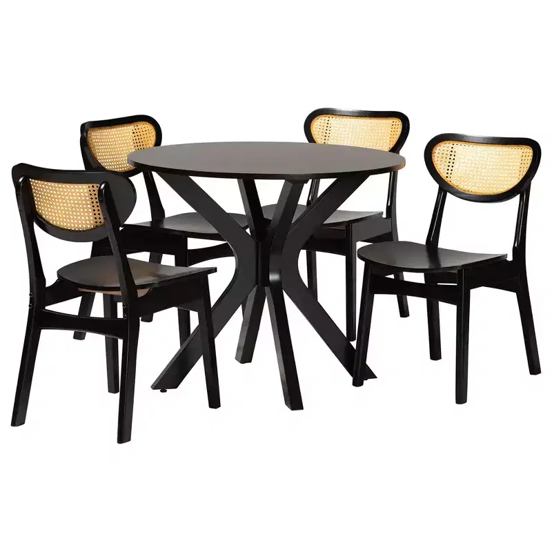 Baxton Studio Giuliana Mid-Century Wood and Woven Rattan 5-Piece Dining Set