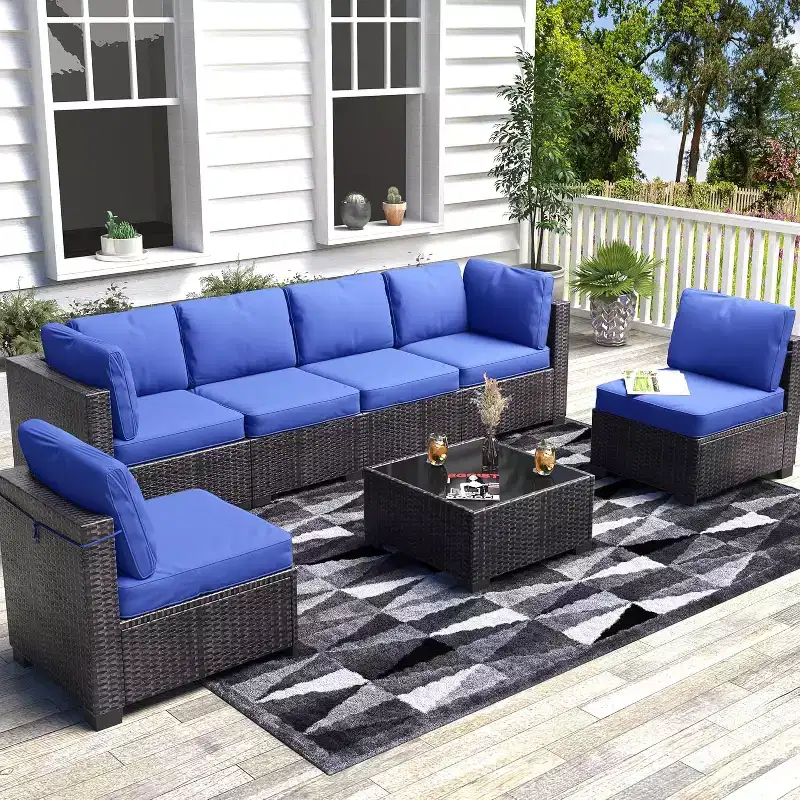 7-Piece Patio Set with Dining Table, Modular Sectional Sofa, All-Weather Wicker