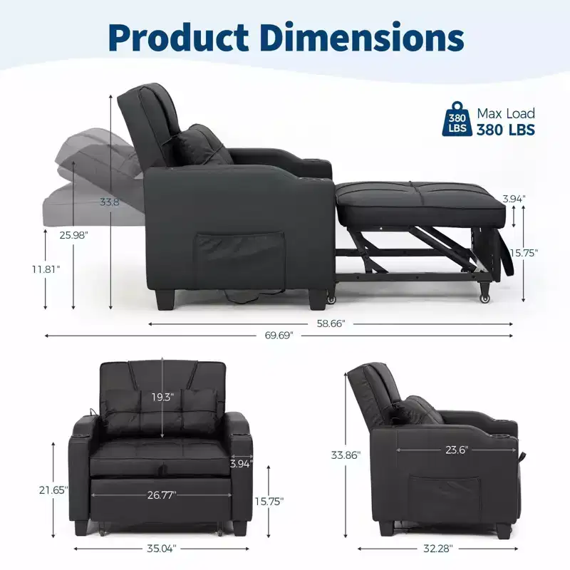 Convertible Reclining Sofa Bed with Vibration Massage Lumbar Pillow, Multi-Function PU Leather Sofa Chair, Chaise Lounge