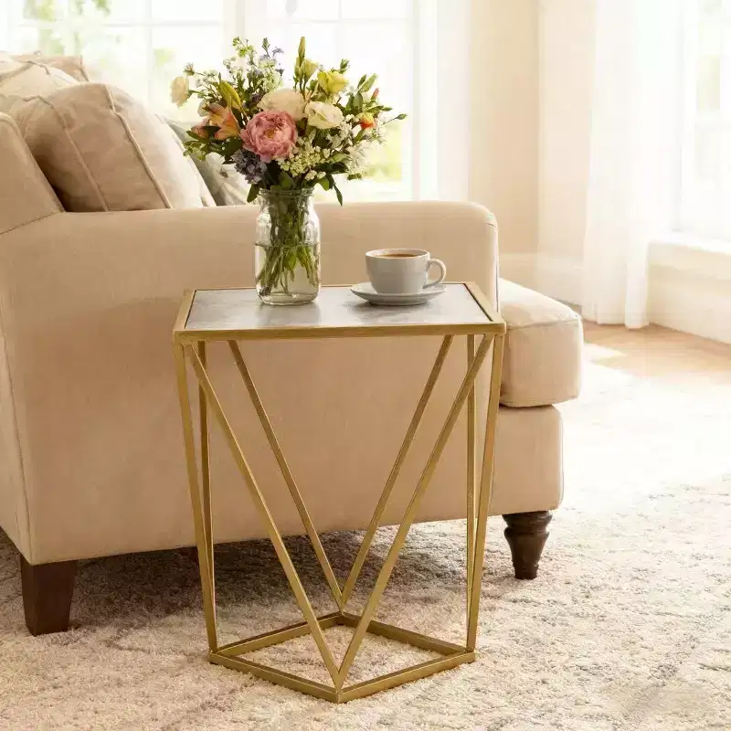 Homy Casa Geometric Iron Frame End Table with Faux Marble Top, Gold