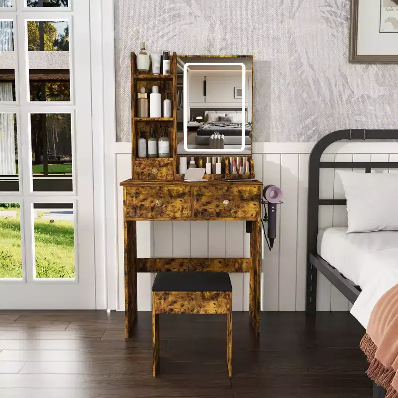 GDFStudio Sneha Modern Wooden Vanity Desk with Adjustable LED Light, Mirror and 1 Dressing Chair