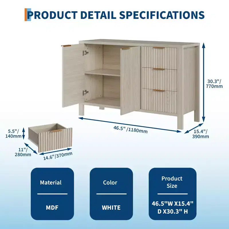 47 Inch Fluted Sideboard Buffet Cabinet Modern TV Stand Coffee Bar Cabinet with 3 Drawers & 2 Doors Wooden Credenza for Living Room Kitchen Entryway