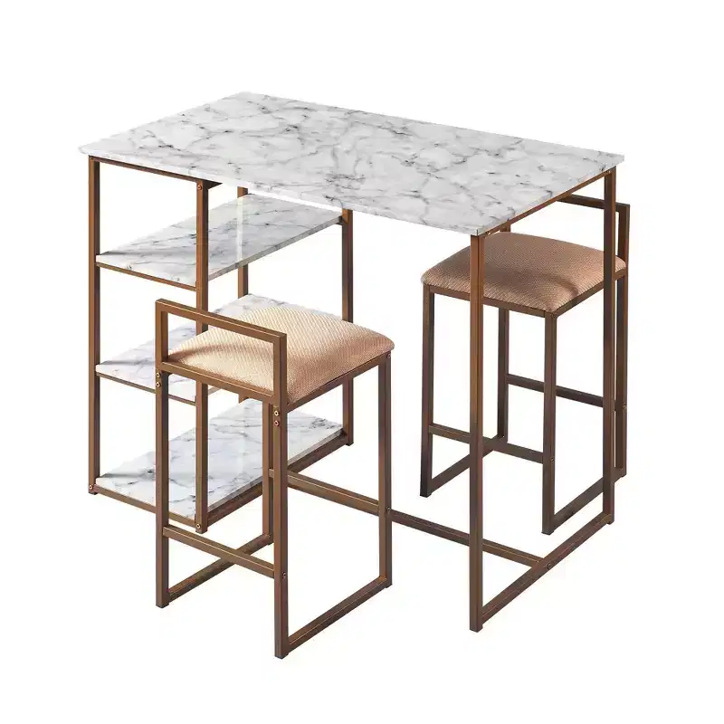 Teamson Home Marmo Breakfast Table Dining Set with Faux Marble Top Brass: 3-Piece, Modern Style, Lacquered Finish, Upholstered Stools
