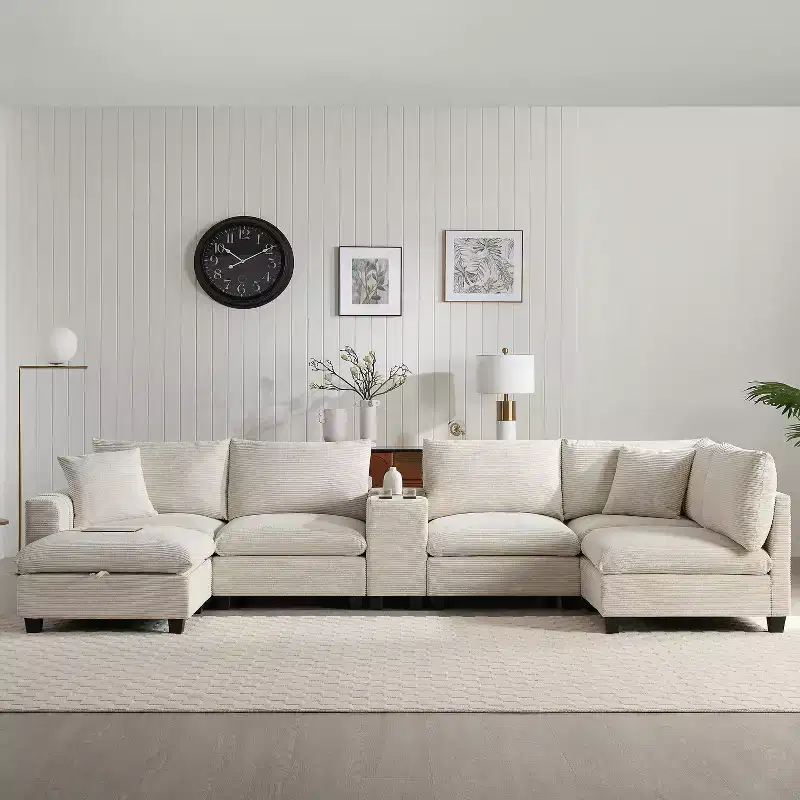 Modern Chenille 4-seat Sectional Sofa with Ottoman, L-Shaped Cloud Couch Set with Throw Pillows