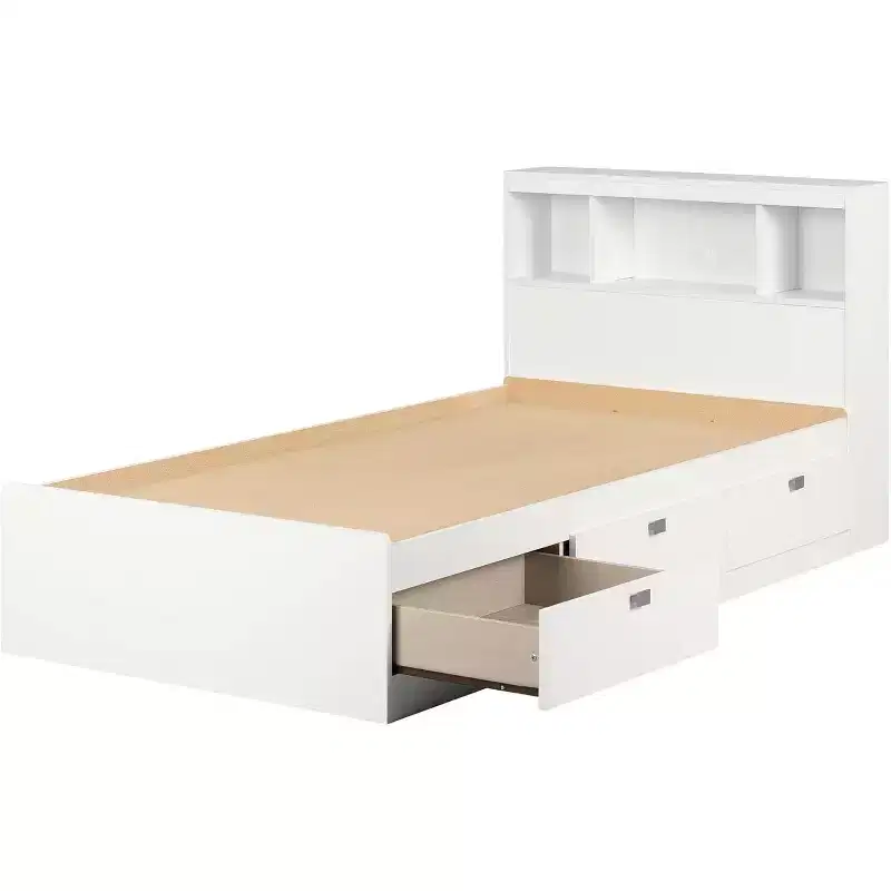 HomeStock 14.75 in.H Twin Size White with Bookcase Beds made of Particle Board Bed Frame