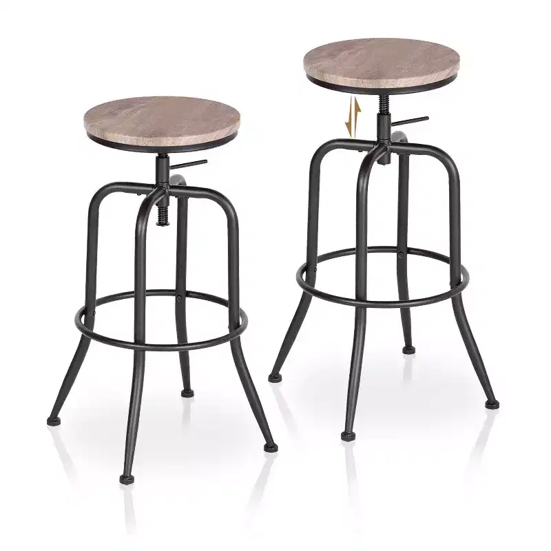 Set of 2 Walnut and Black Wood and Iron Backless Adjustable Height Swivel Bar Chairs