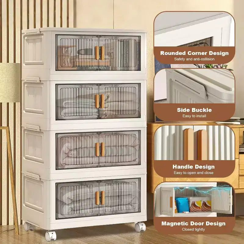 Stackable Storage Bins With Lids, 4-Tier Folding Storage Box, Collapsible Closet Organizers With Wheels for Clothing, Toys, Snacks, Sundries