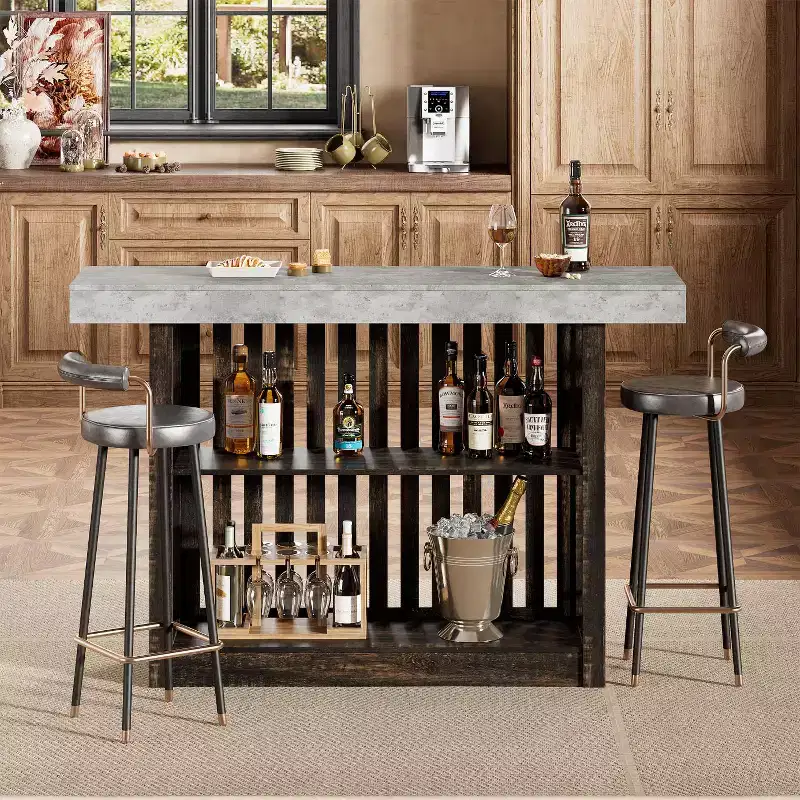 63 Long Bar Table, Counter Bar Height Pub Table with 2 Tier Storage Shelves, Modern Coffee Breakfast Bar Unit for Living Room, Dining Room, Bistro
