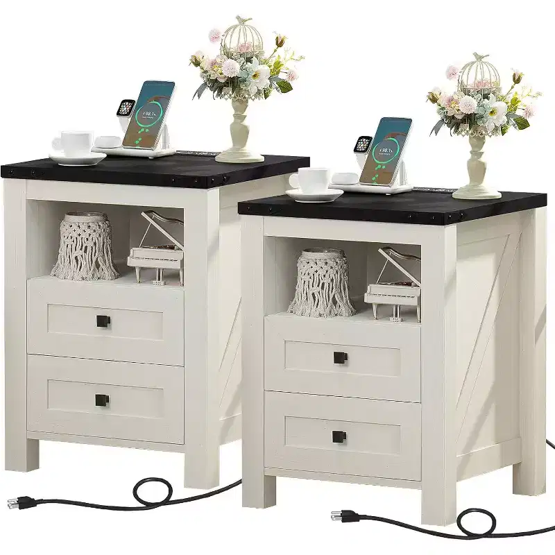 Farmhouse Nightstand Set of 2 with USB Charging with 2 Drawers Open Shelf Storage