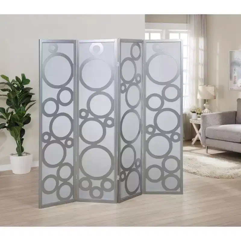 Arvada 4-Panel Wood Room Divider with Circle Pattern, Silver