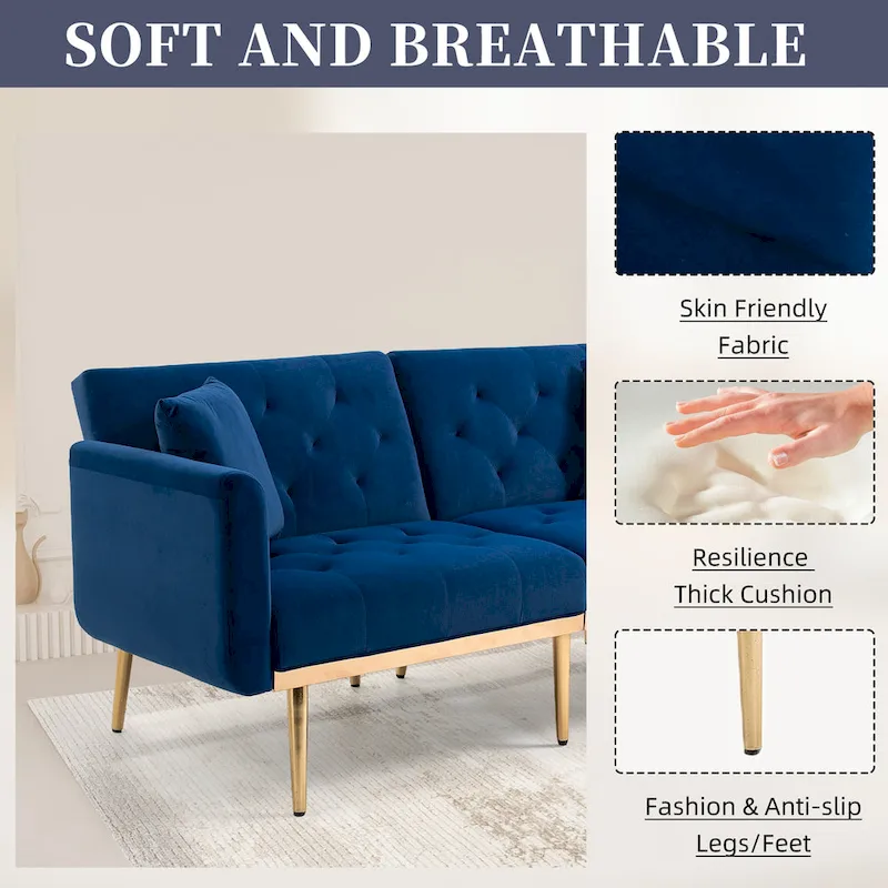 Velvet Upholstered Tufted Loveseats Sleeper Sofa With Rose Golden Legs