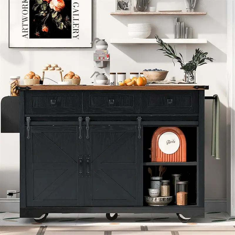 53.7 Farmhouse Kitchen Island With Power Outlet, 2 Sliding Barn Door, Kitchen Storage Island With Drop Leaf, Spice Rack