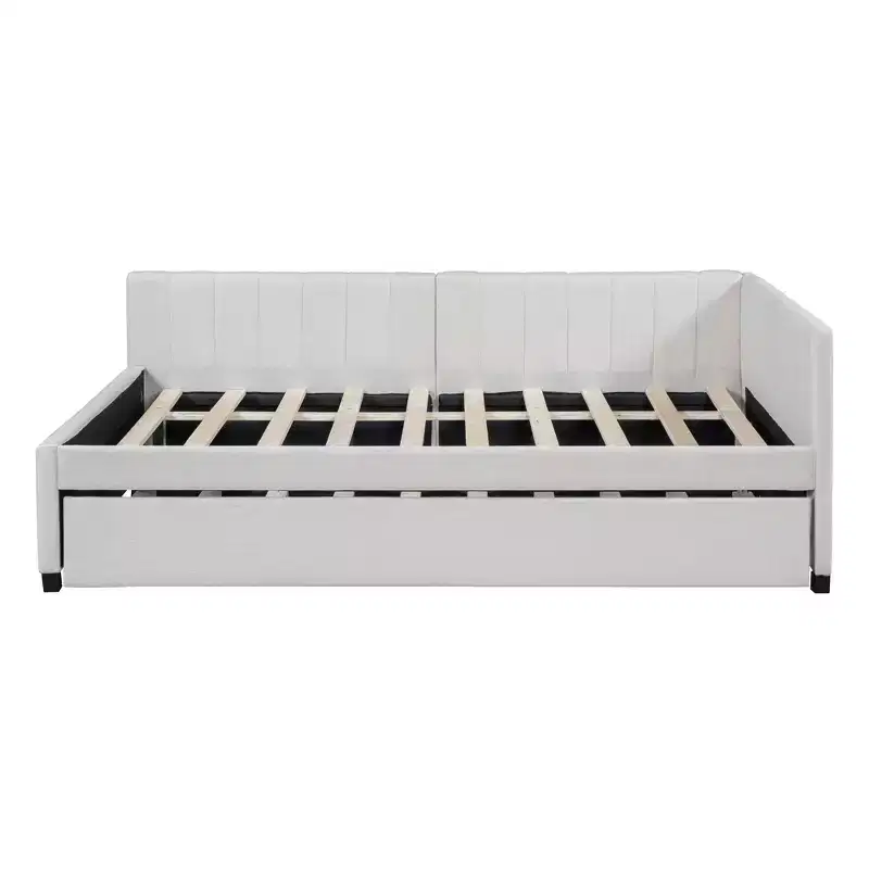 Full Size Upholstered Daybed with Trundle Sofa Bed Frame No Box Spring Needed Linen Fabric(Beige)