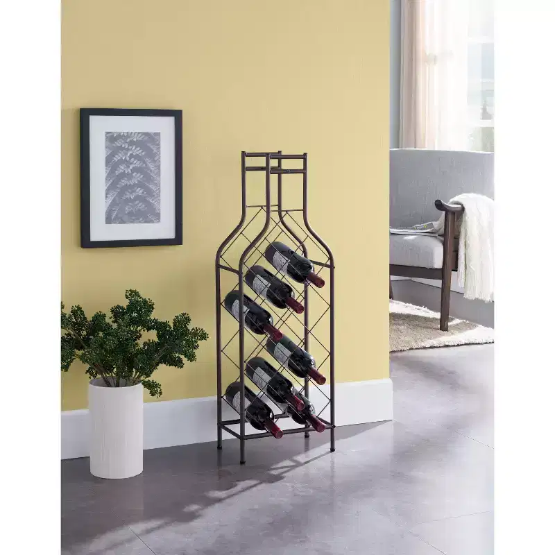 12-Bottle Freestanding Metal Wine Rack - Pewter, Bottle-Shape Design, 35