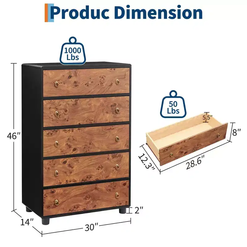 5 Drawers Dresser, 46 Tall Modern Chest of Drawers with Natural Texture, Curved Profile Design, Dresser TV Stand