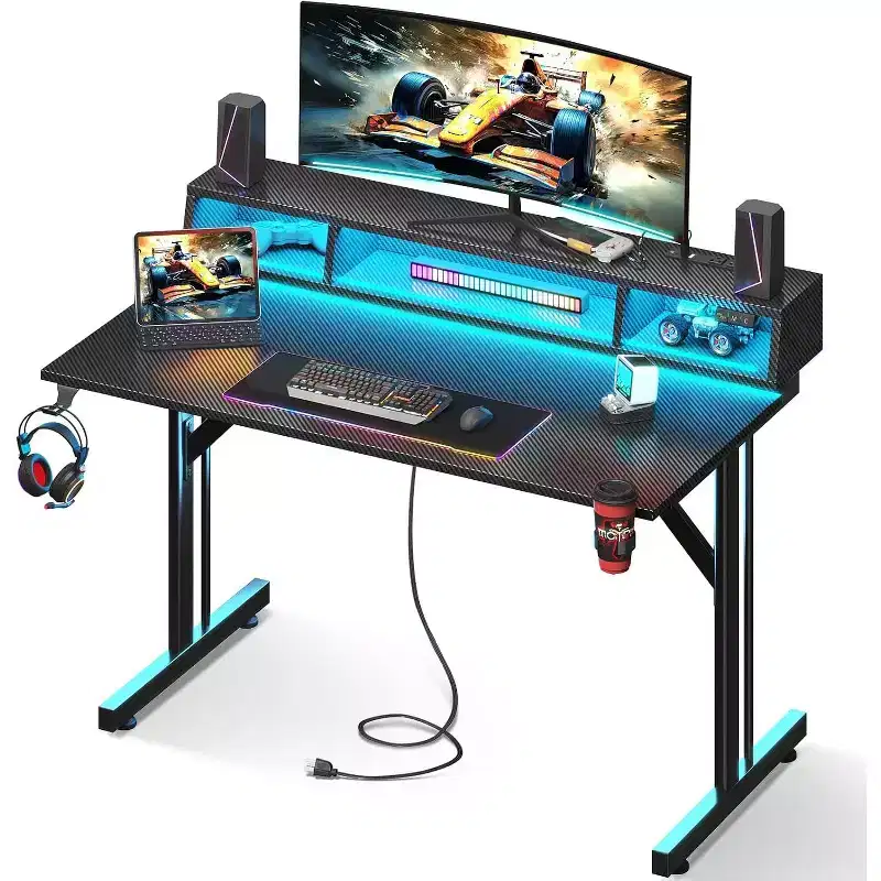 '-40 inch LED Gaming Desk with Power Outlets Small Computer Table Float Monitor Stand