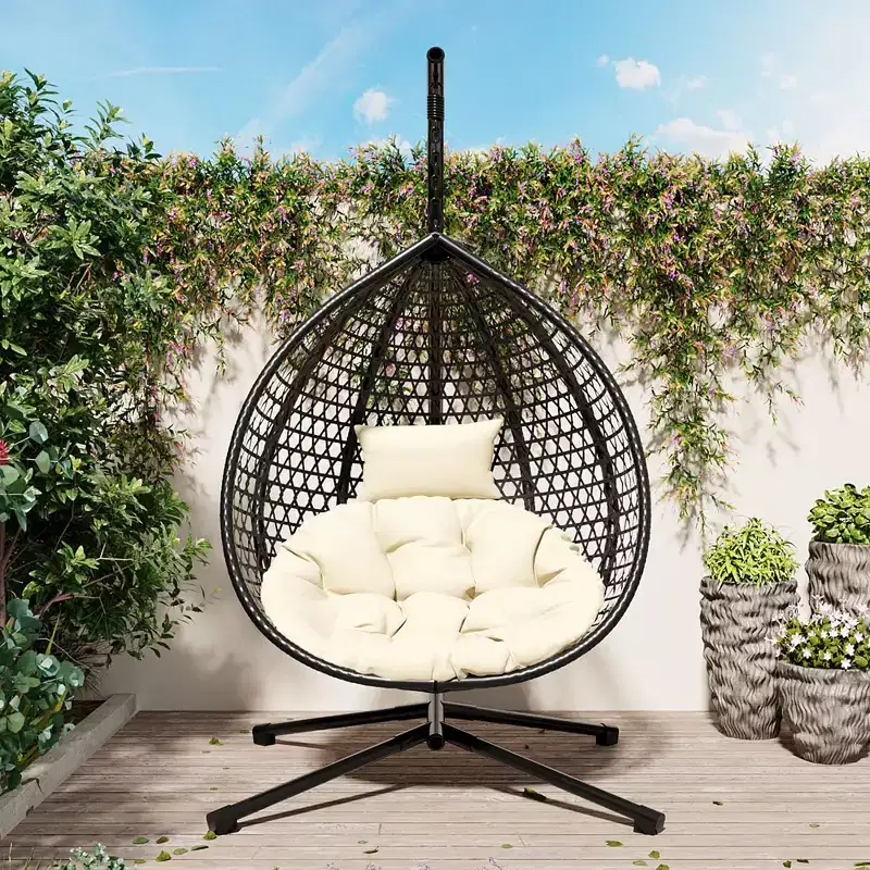 GDFStudio Anderson Hanging Egg Rattan Chair with Stand and Soft Removable Cushion