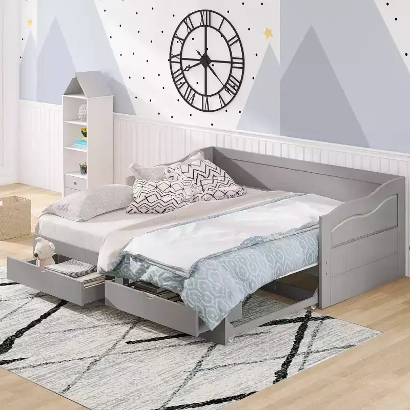 FAMYYT Twin Size Wooden Daybed with 2 Drawers, Extendable Bed, Easy Assembly, Gray