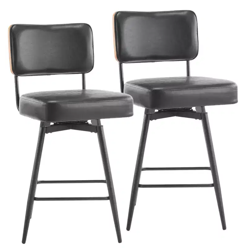 Karl Home Set Of 2 Black PU Leather And Curved Wood Back Bar Stools, Iron Base, Swivel
