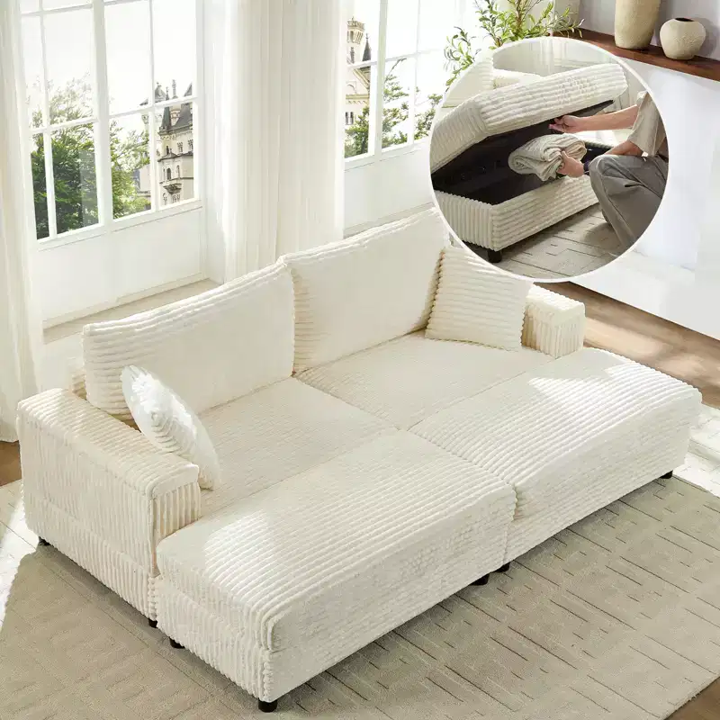 Mjkone Corduroy 2-Seater Chaise Lounge With Storage Ottoman& Armrest,Upholstered Loveseat Sleeper Reclining Sofa Bed Indoor
