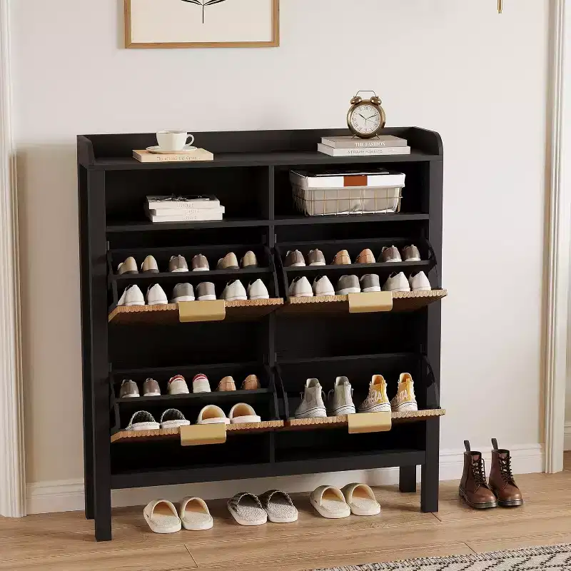Shoe Storage Cabinet with 4 Flip Drawers,Fluted Narrow Shoe Storage Cabinet Organizer, Freestanding Hidden Slim Shoe Storage for Entryway Hallway