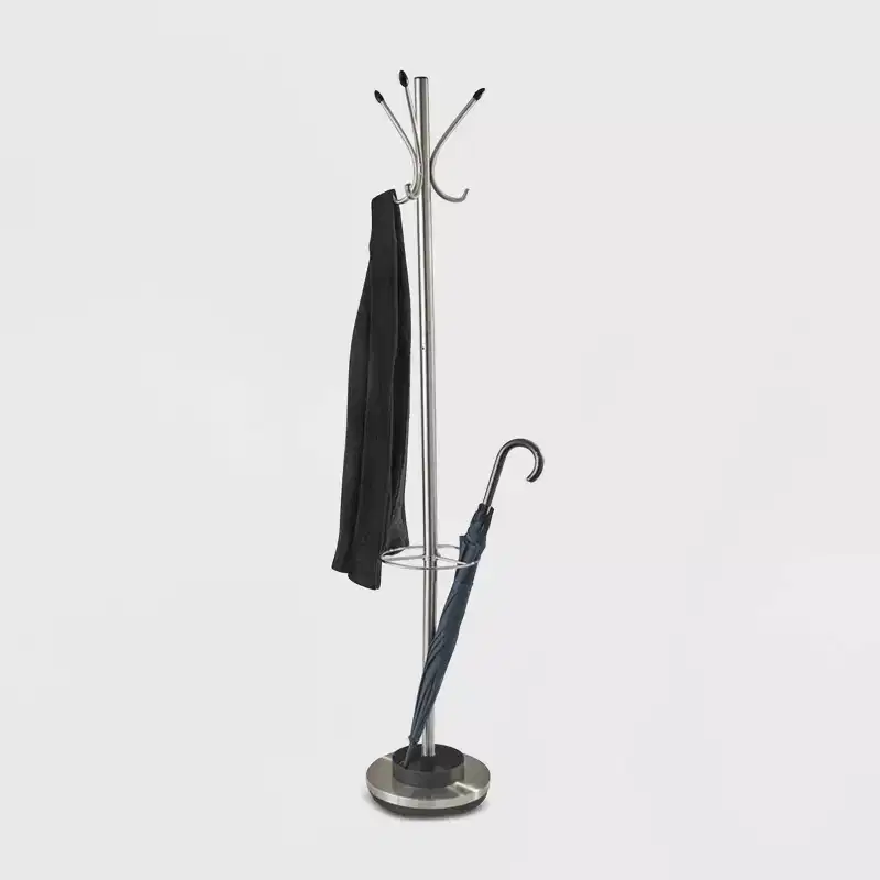 Umbrella Stand & Coat Rack Steel - Adesso: 6 Hooks, Metal Frame, 69" Tall, Water Tray