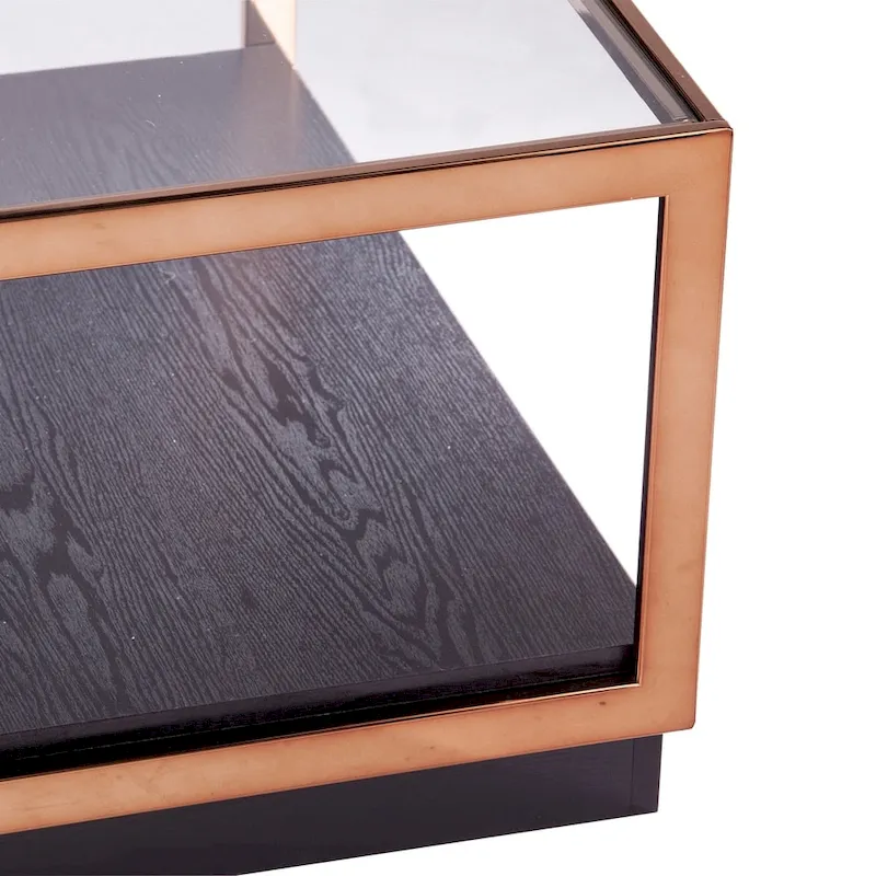 SEI Furniture Luna Transitional Square Metallic Coffee Table with Glass Top and Wood Base Shelf