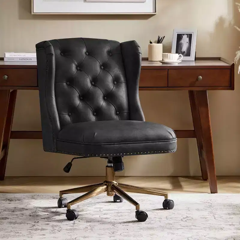Hazel Traditional Faux Leather Wingback Office Chair — Tufted, Bronze Nailhead, Camel