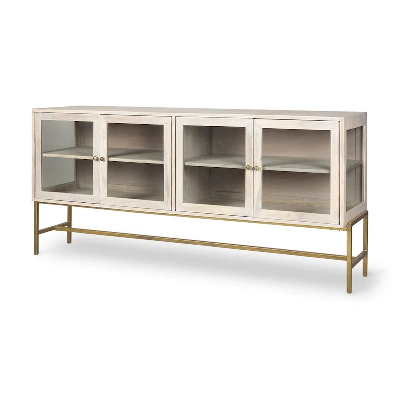 Blonde Solid Wood w/ Gold Iron Base & Glass Doors Sideboard - 70W x 32H x 18.75D