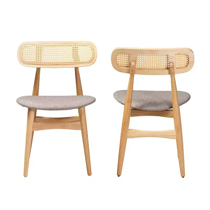 Baxton Studio 2pc Tarana Fabric and Wood Dining Chairs: Mid-Century Design, Rattan Detail