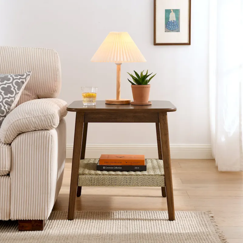 23 Mid-Century Side Table with Woven Shelf