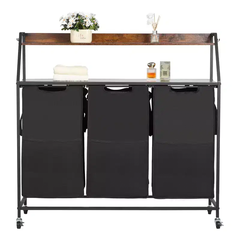 VEVOR 2 Tiers Laundry Sorter, Tall Laundry Hamper with Metal Frame and Wooden Tabletop, 3 Section Rolling Basket Organizer Storage, Black