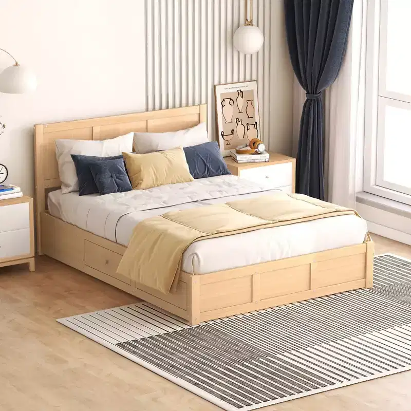Platform Bed Frame with Underbed Storage, Wood Platform Bed Frame with 2 Drawers, Natural