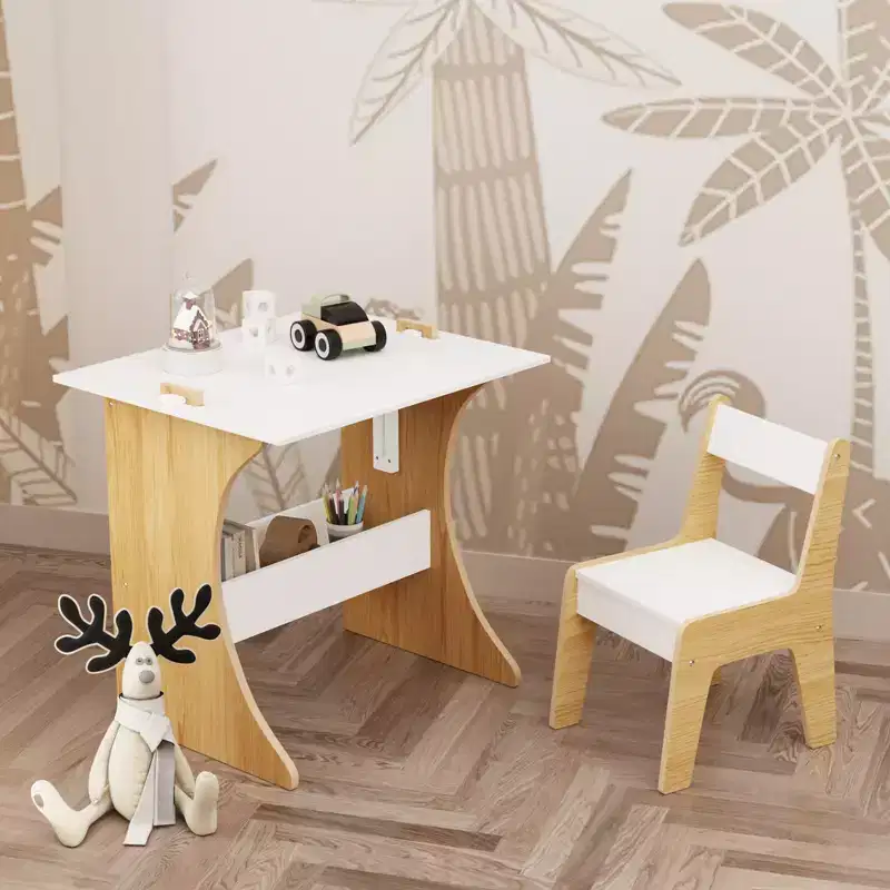 Whisen Kids Table Set with One Chair, Multifunctional Wooden Children Study Table-Convertible Tabletop - White