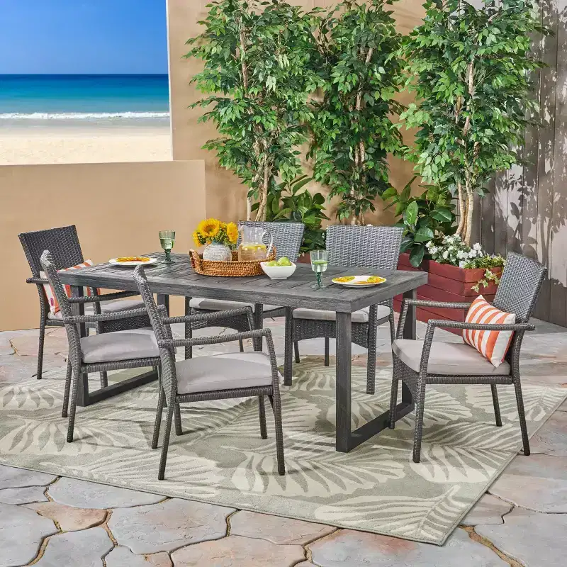 Christopher Knight Home Garner Outdoor Acacia Wood and Wicker 7 Piece Dining Set with Cushion