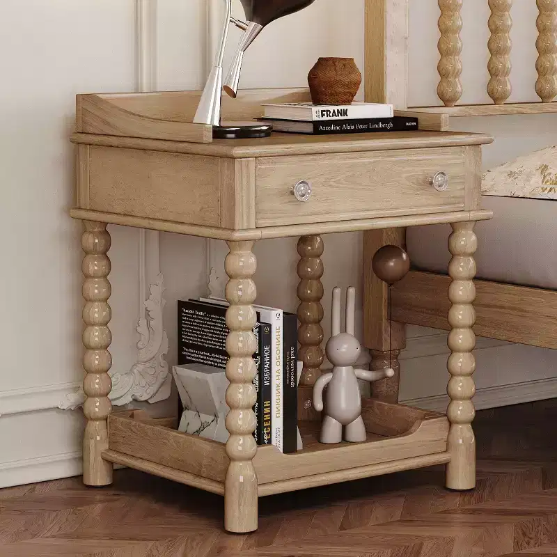 MAYEERTY Retro Style Nightstand with Drawer Open Shelf Turned Legs Metal Handle for Bedroom Natural