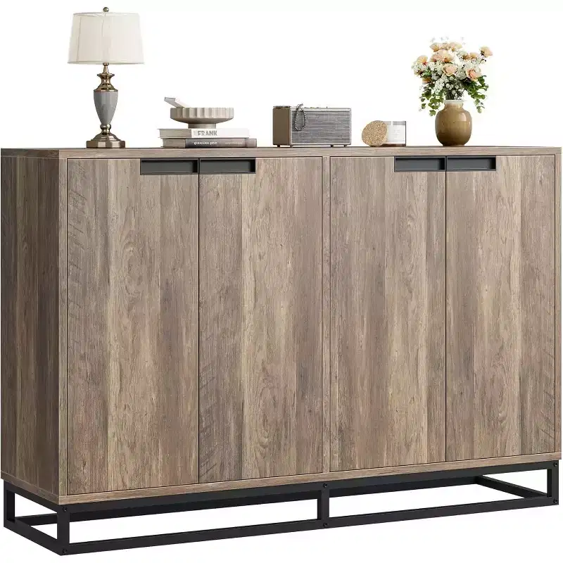 Buffet Sideboard Cabinet, 55 Wide Entryway Console with 4 Doors & Adjustable Shelves, Wood Coffee Bar Cabinet for Living Room, Dining Room, Kitchen
